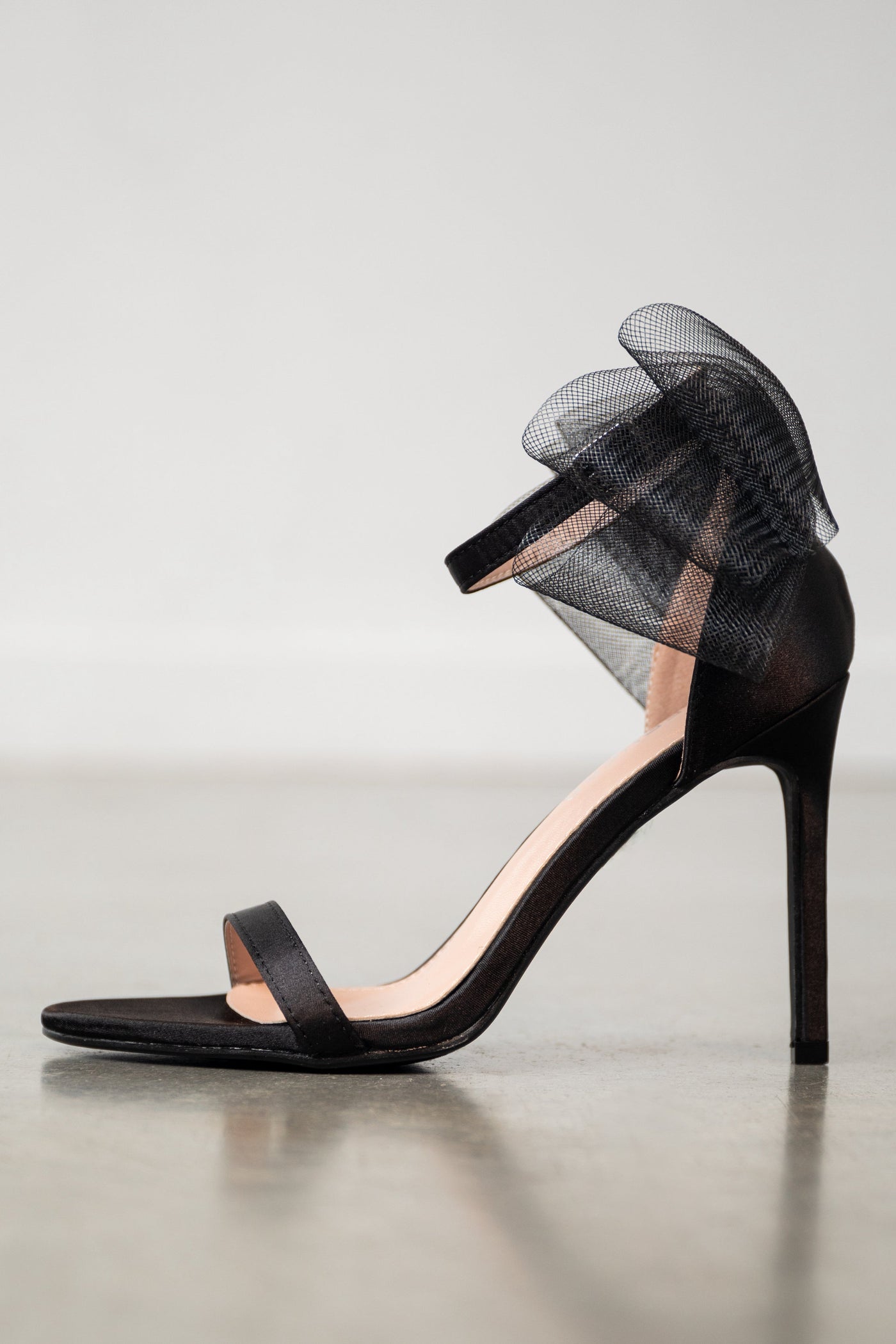 Black Satin Stiletto Heels with Tulle Bow