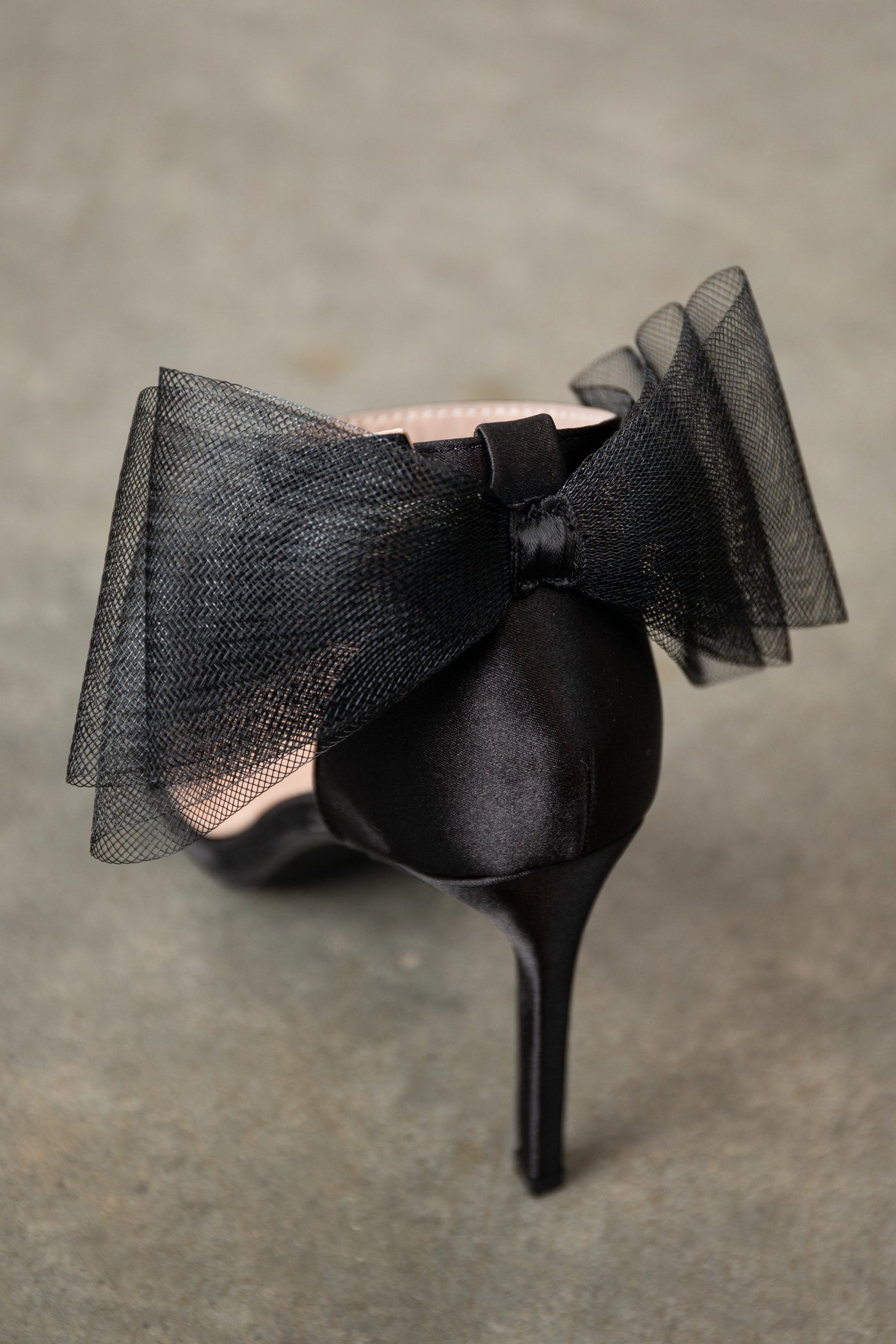 Black Satin Stiletto Heels with Tulle Bow