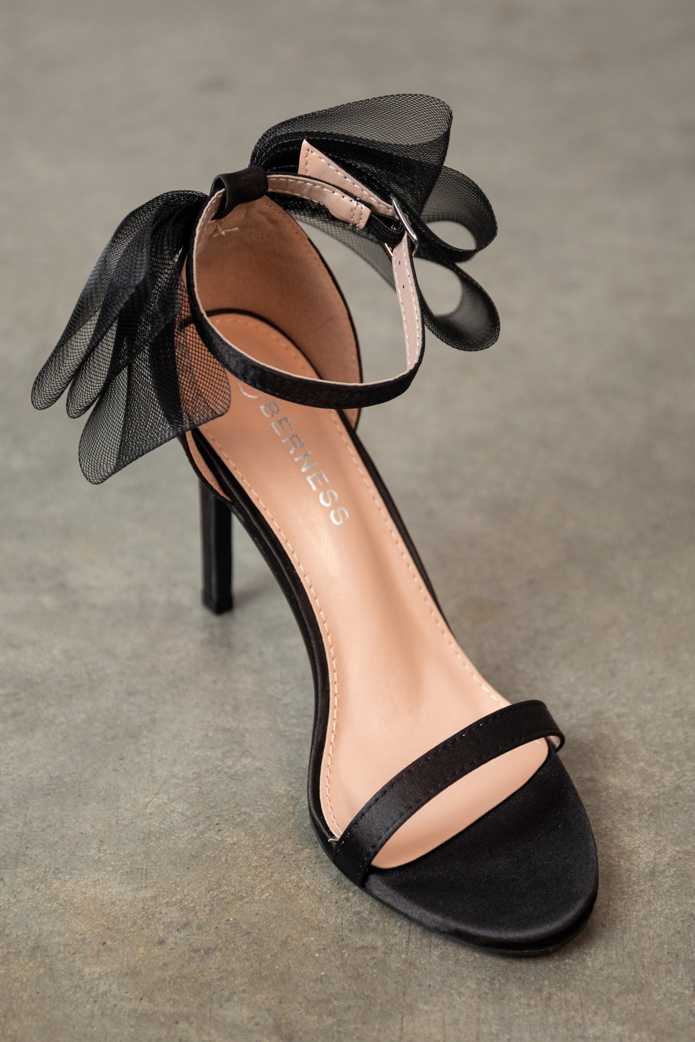 Black Satin Stiletto Heels with Tulle Bow