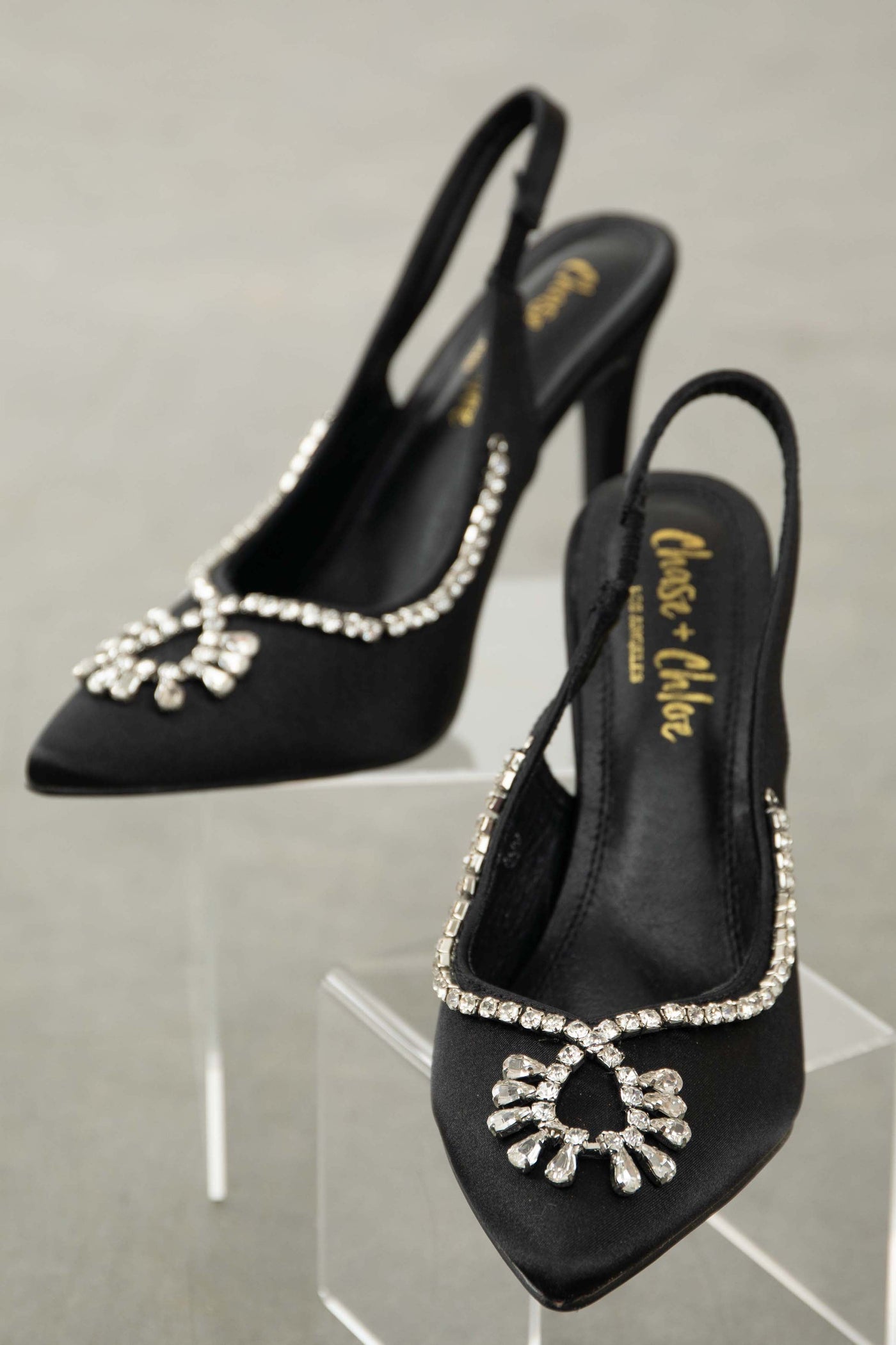 Black Sling Back Heels with Rhinestone Details