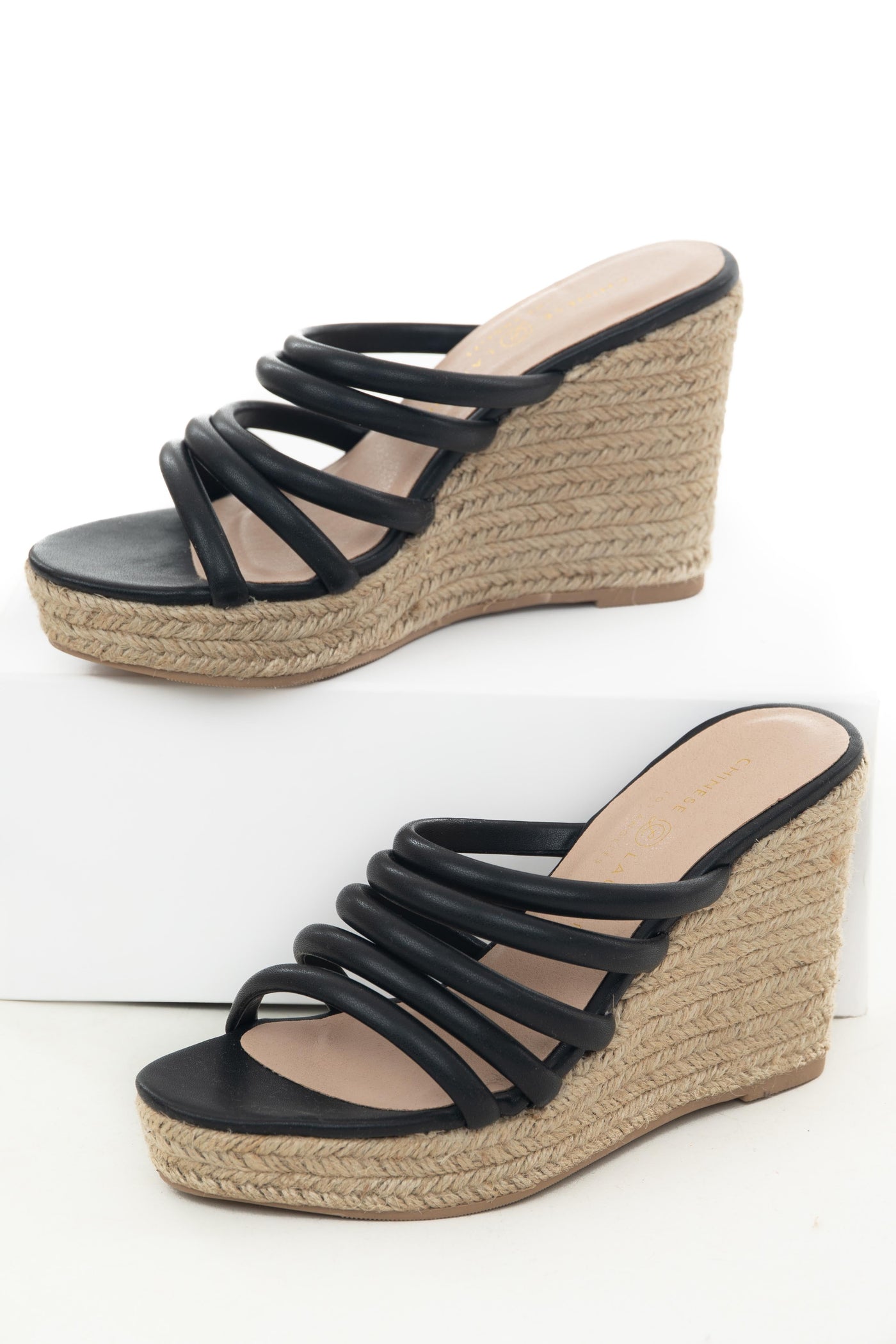 Black Strappy Slip On Espadrille Wedges
