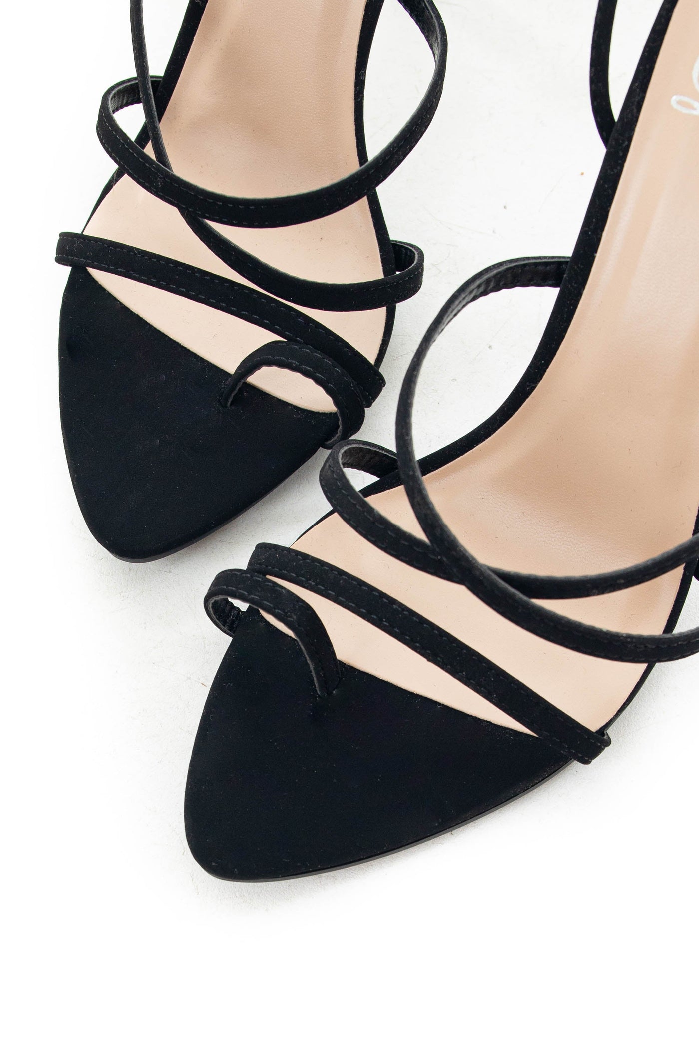 Black Strappy Stiletto Heels with Ankle Tie