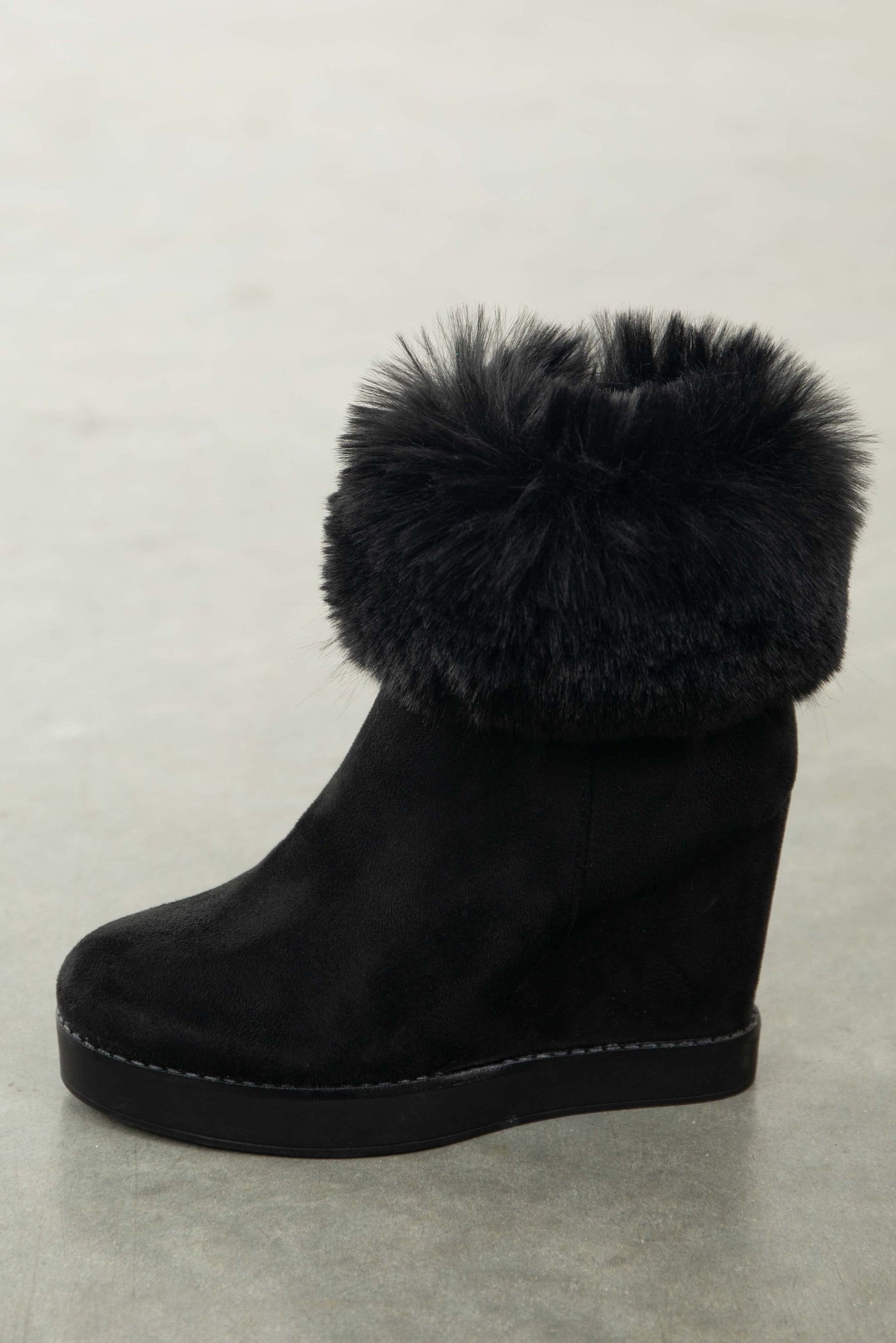 Black Suede Wedge Heel Faux Fur Booties