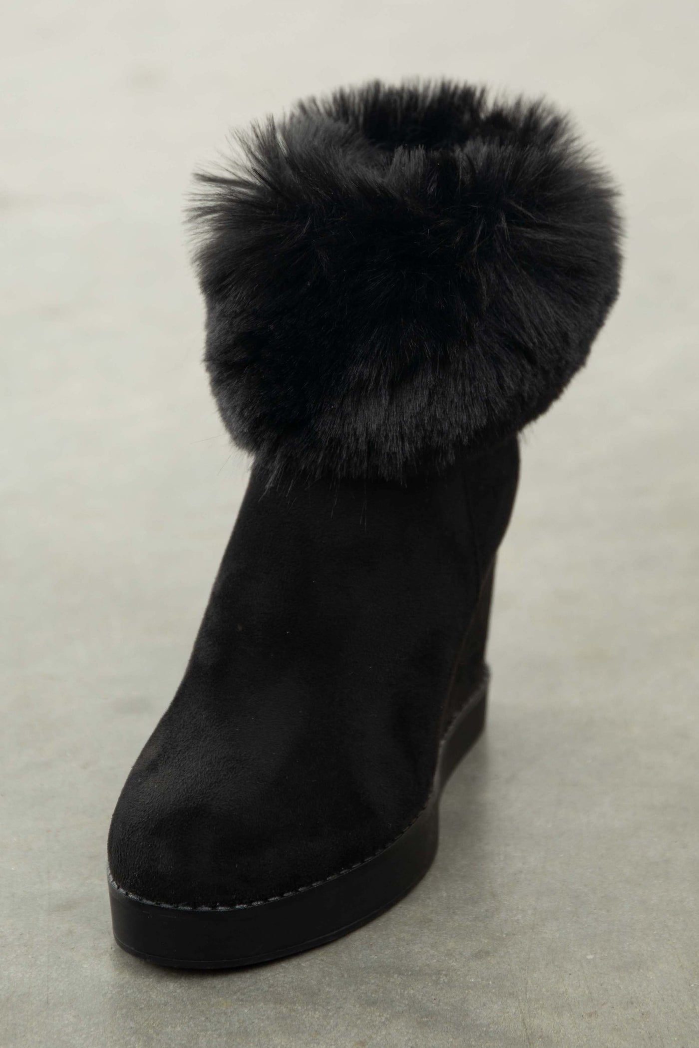Black Suede Wedge Heel Faux Fur Booties