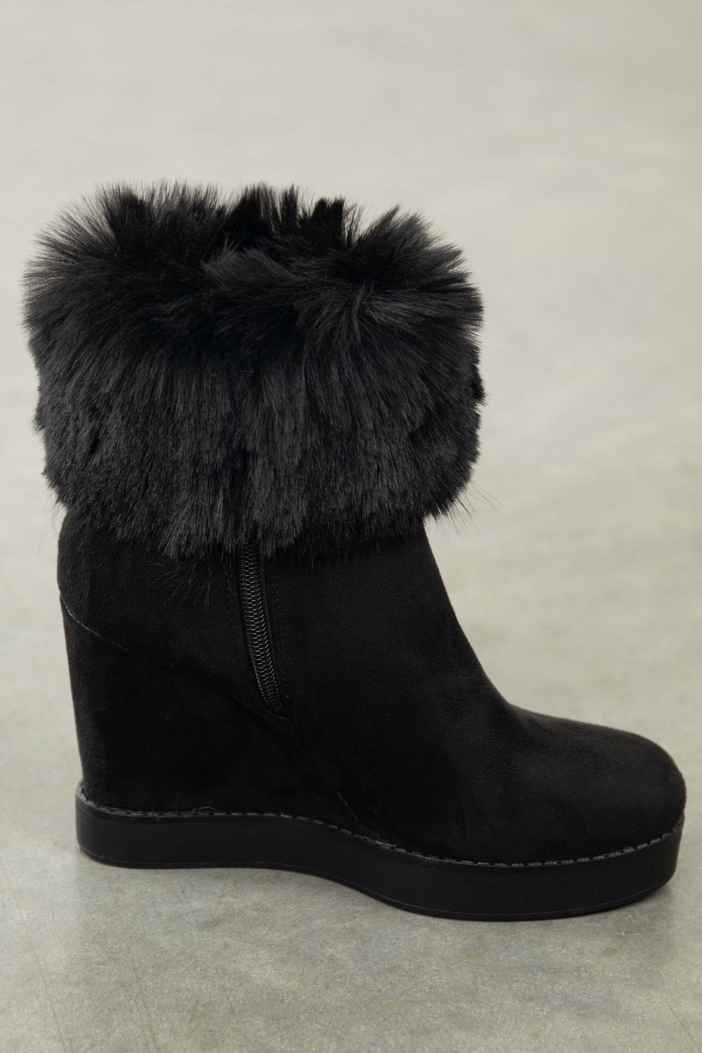 Black Suede Wedge Heel Faux Fur Booties