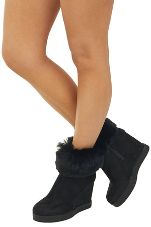 Black Suede Wedge Heel Faux Fur Booties