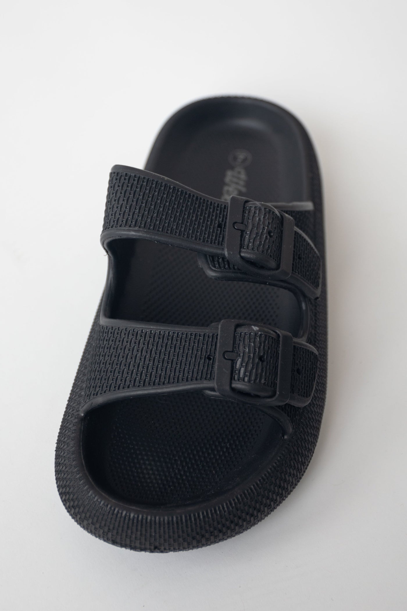 Black Textured Double Strap Slip On Sandals