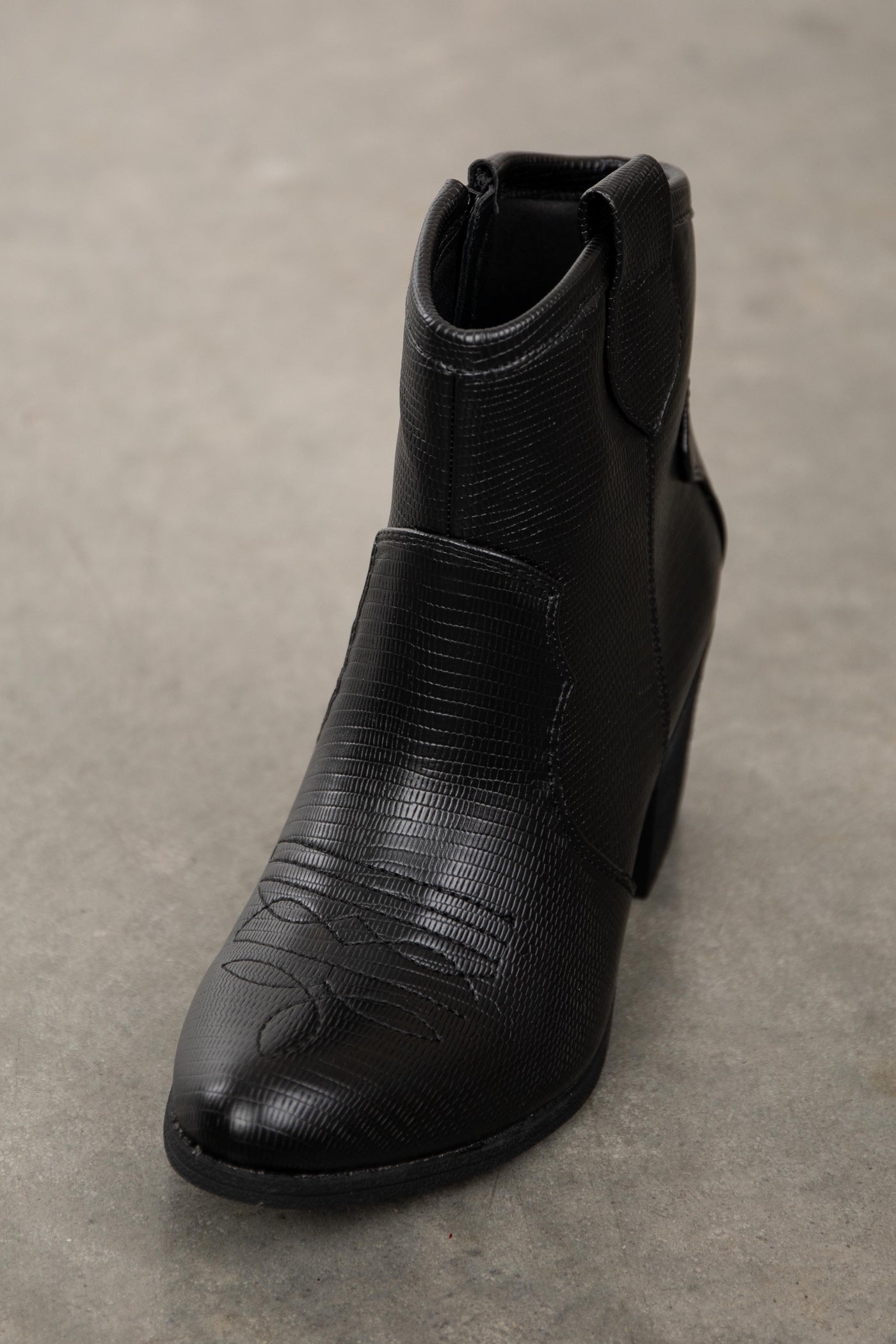 Black Textured Faux Leather Western Style Booties
