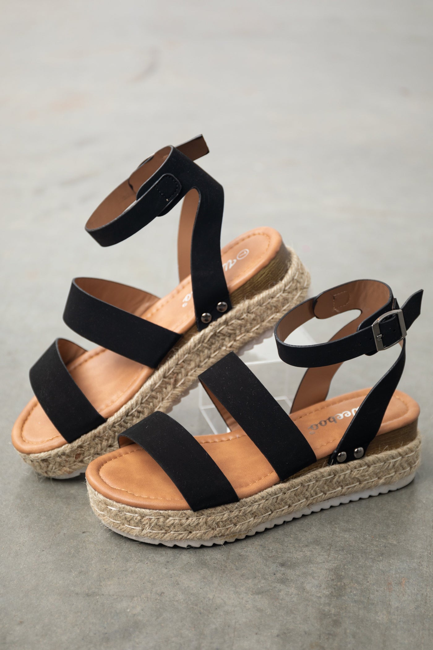 Black Triple Strap Espadrille Platform Sandals