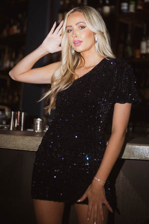 Black Velvet Sequined One Shoulder Short Dress