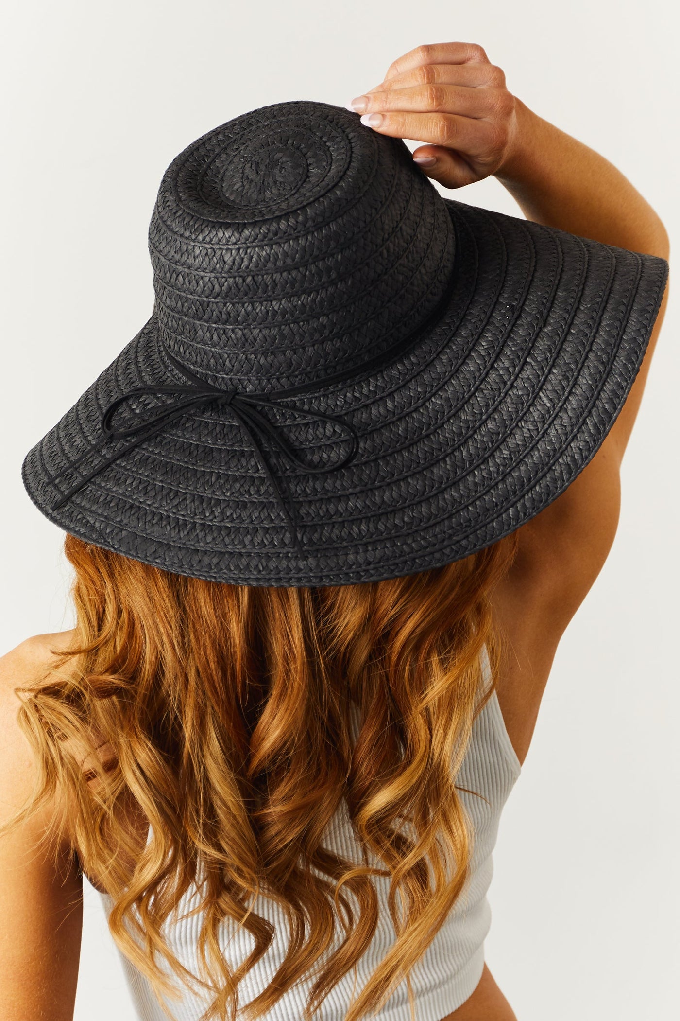 Black Wide Floppy Brim Sun Hat with Tie