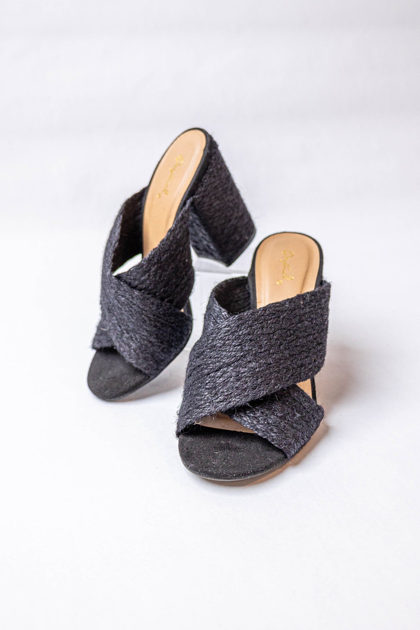 Black Woven Jute Criss Cross Slip On Heels