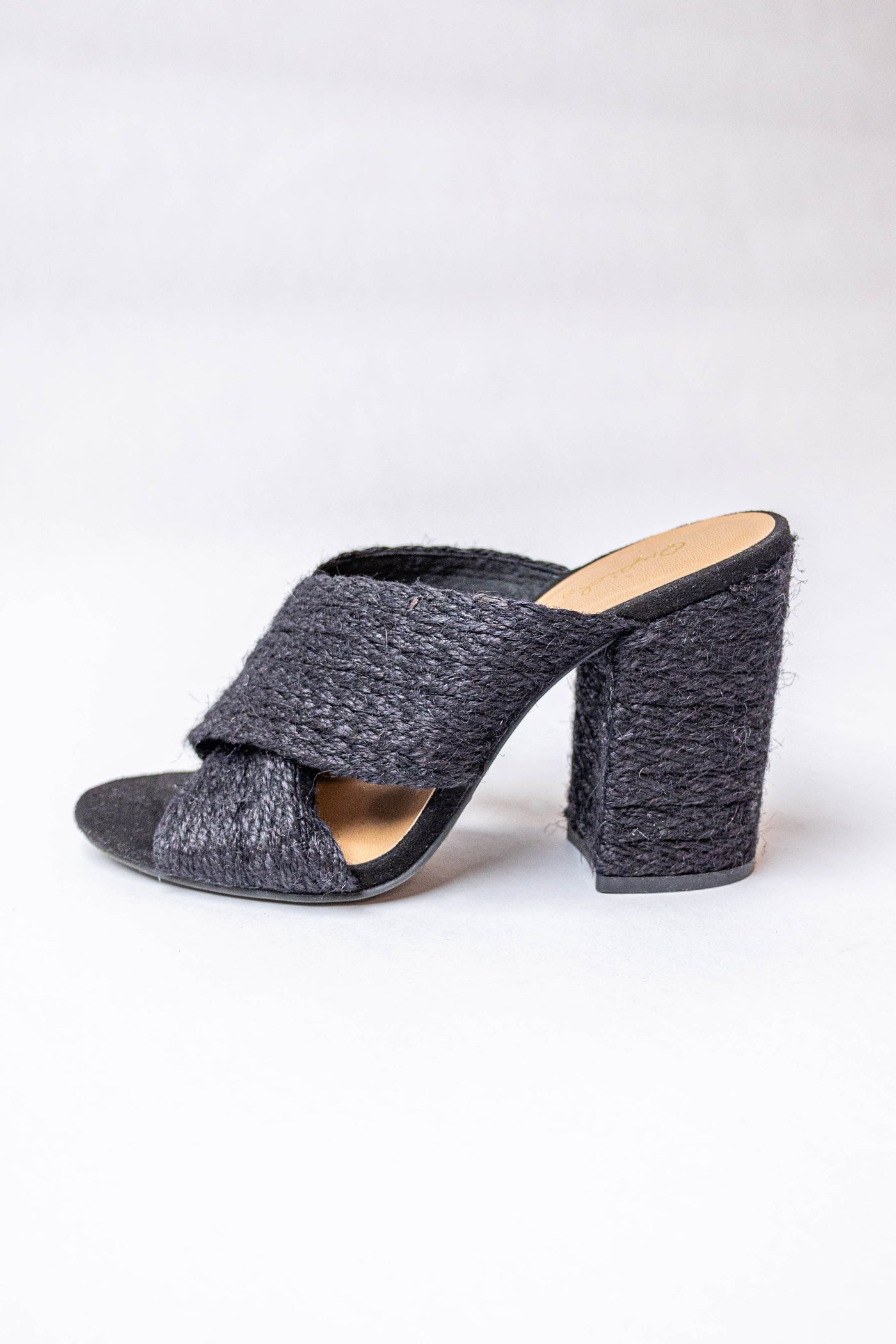 Black Woven Jute Criss Cross Slip On Heels