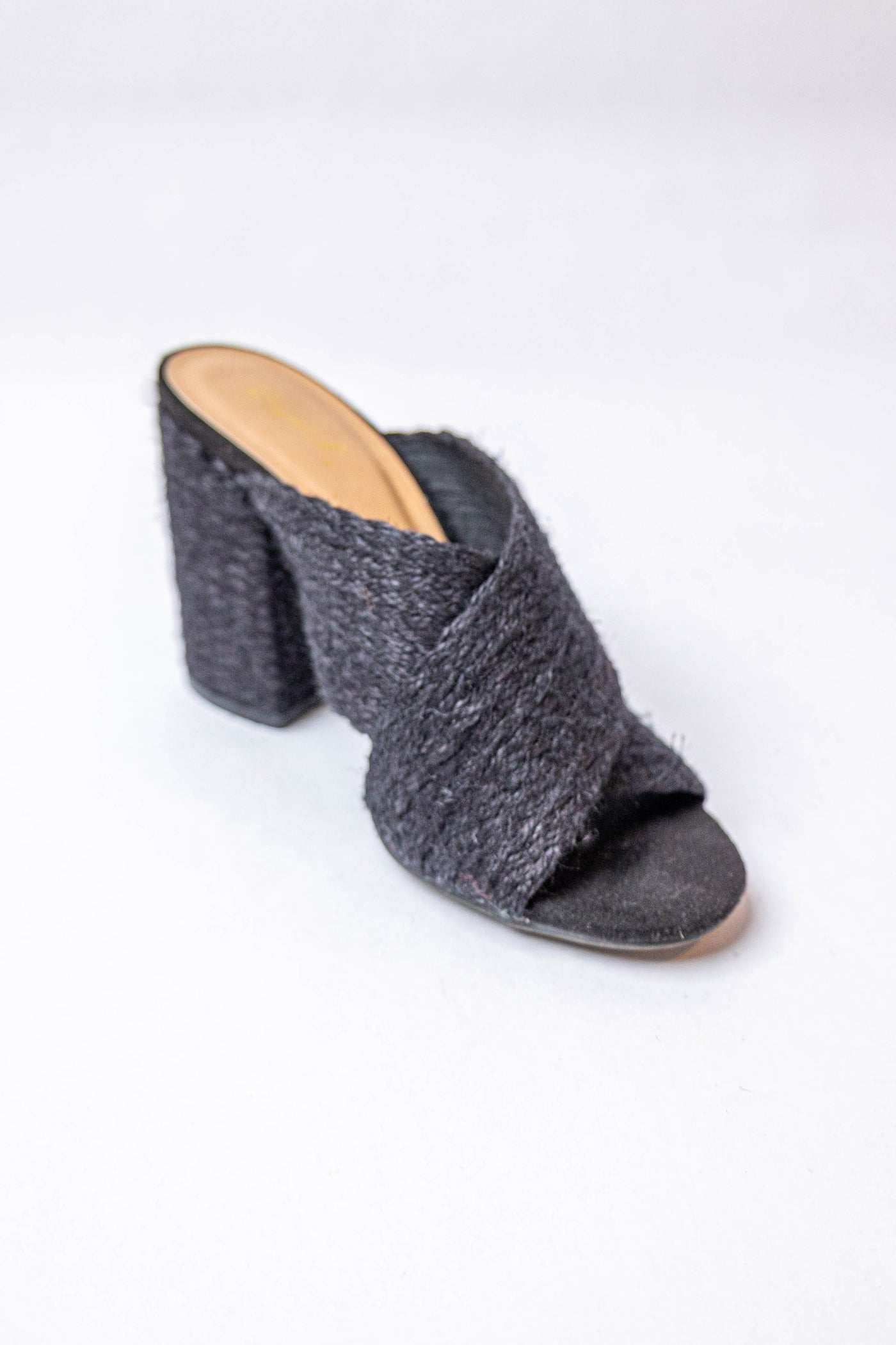 Black Woven Jute Criss Cross Slip On Heels