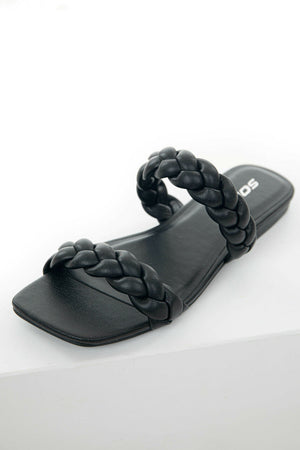 Black Braided Strap Square Toe Flat Sandals