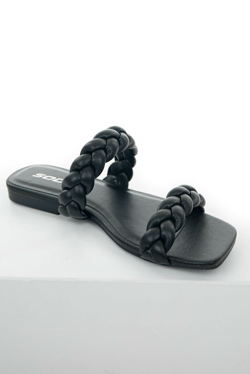 Black Braided Strap Square Toe Flat Sandals