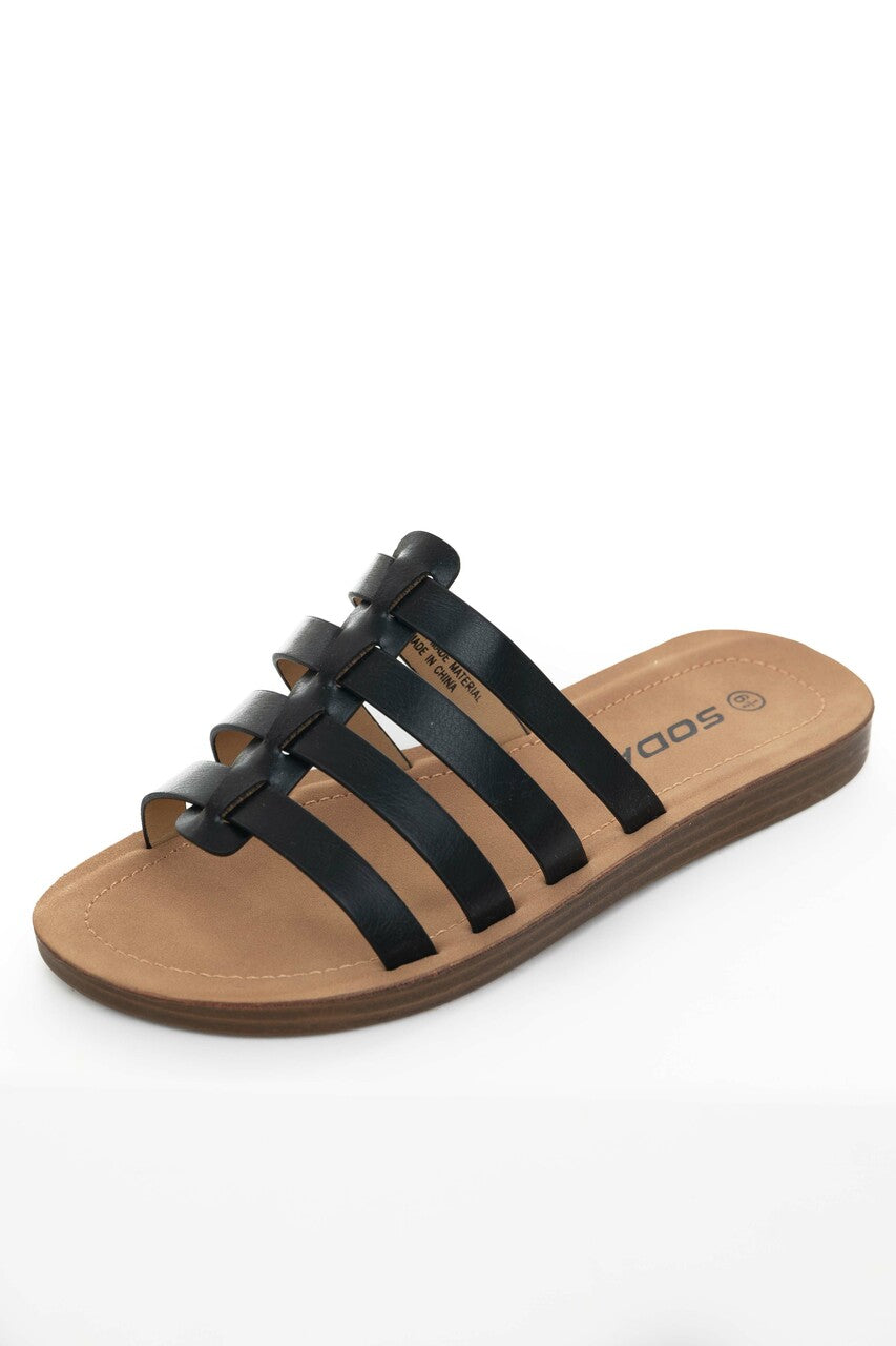Black Faux Leather Gladiator Slip On Sandals 