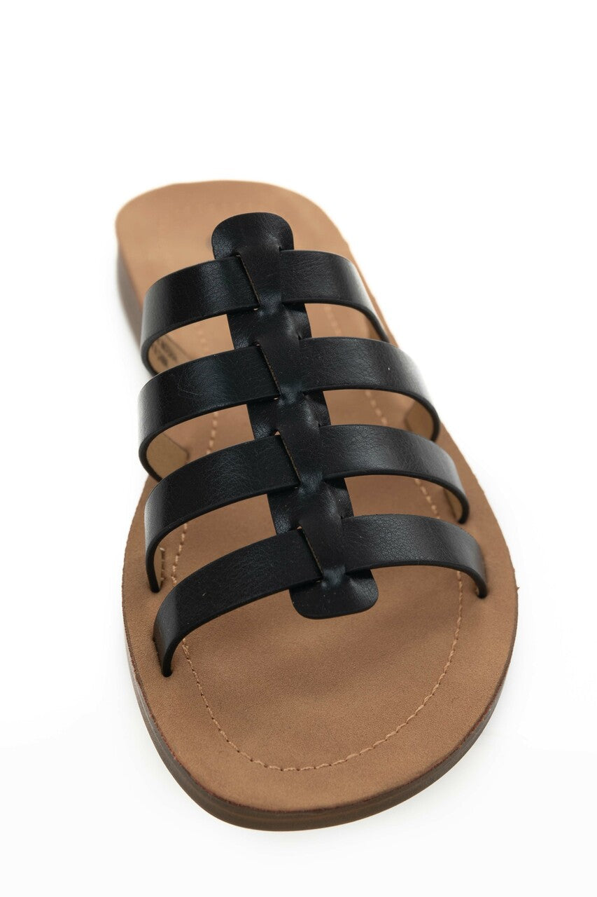 Black Faux Leather Gladiator Slip On Sandals 