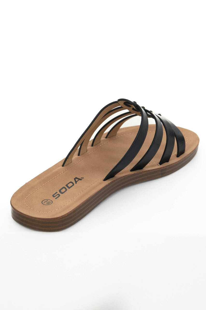 Black Faux Leather Gladiator Slip On Sandals 