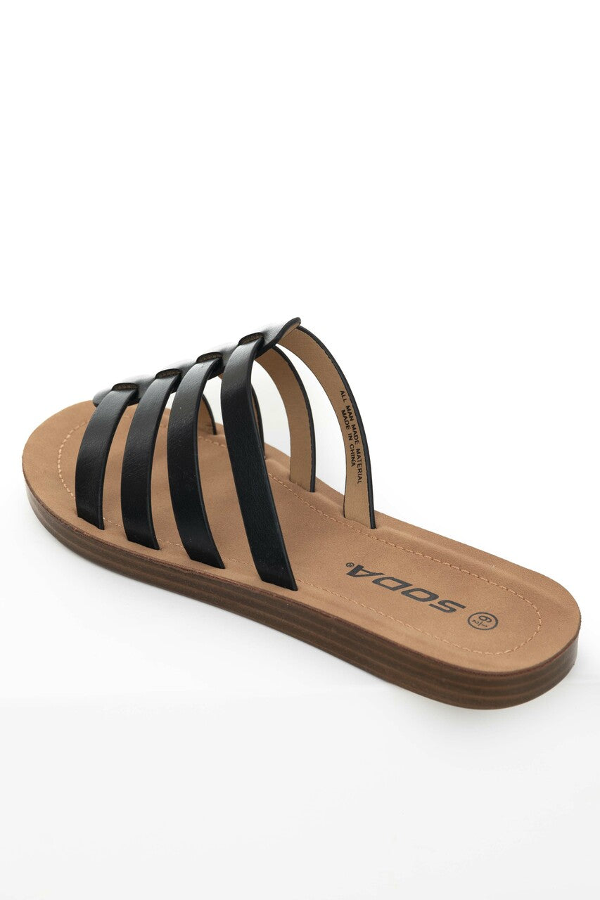 Black Faux Leather Gladiator Slip On Sandals 