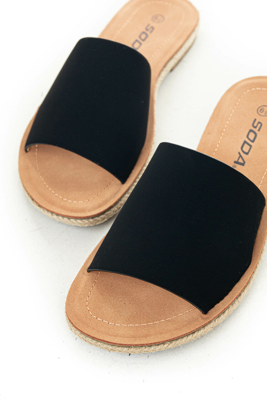 Black Faux Leather Solid Strap Flat Sandals 