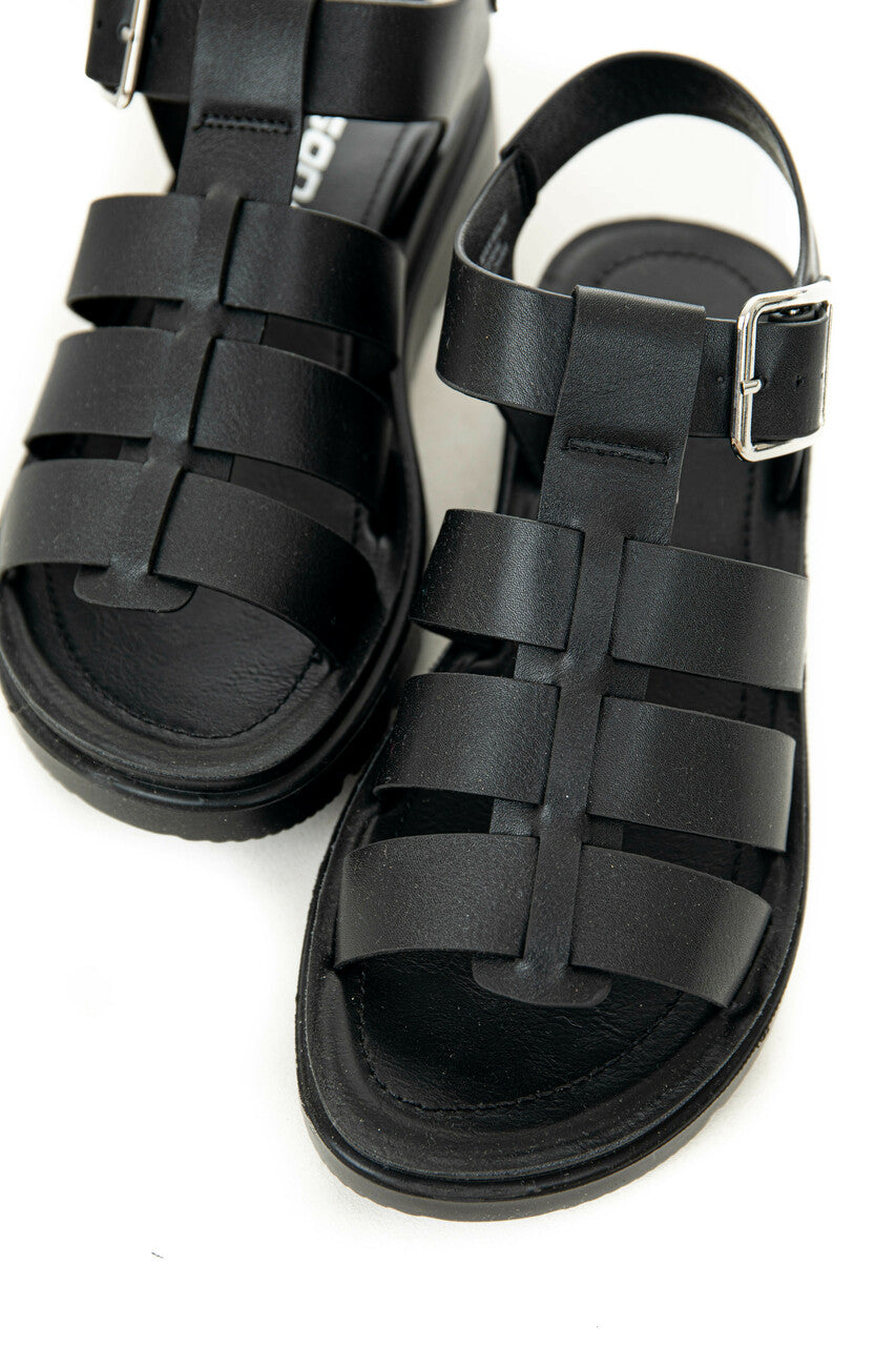 Black Faux Leather Strappy Gladiator Sandals