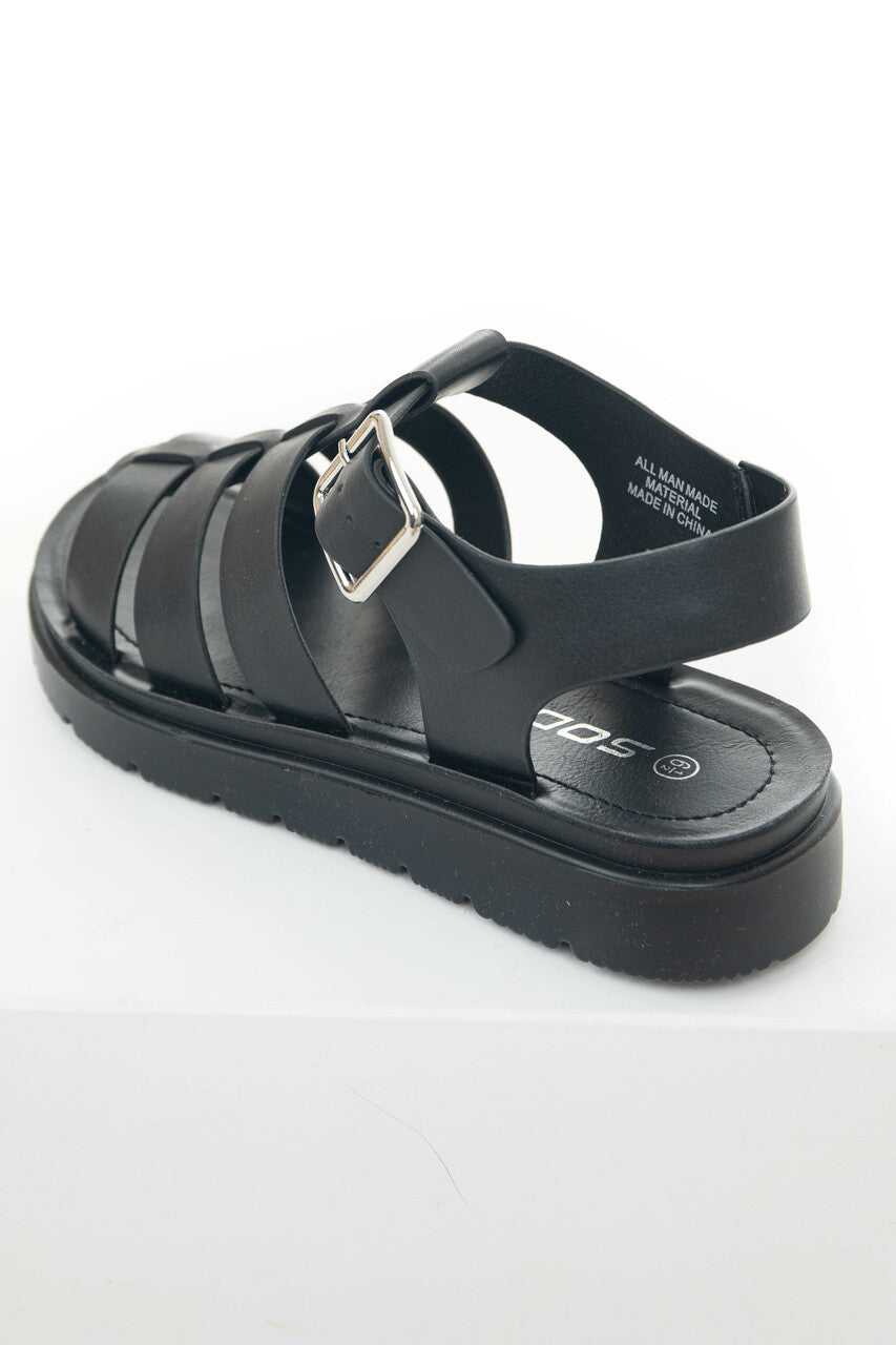 Black Faux Leather Strappy Gladiator Sandals