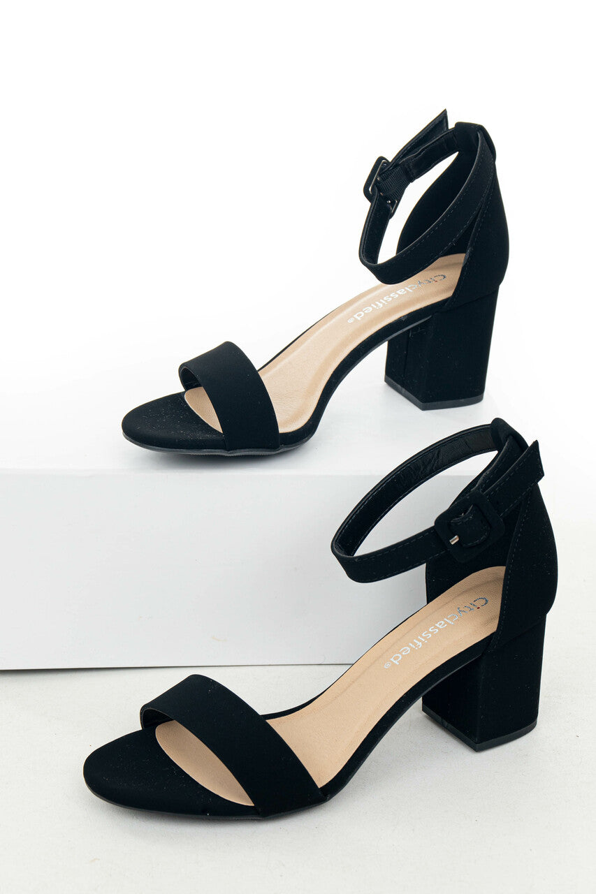 Black Nubuck Ankle Strap Open Toed Block Heels