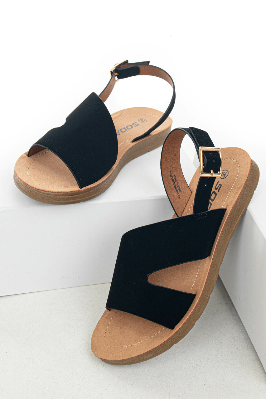 Black Open Toe Split Strap Sling Back Sandals 