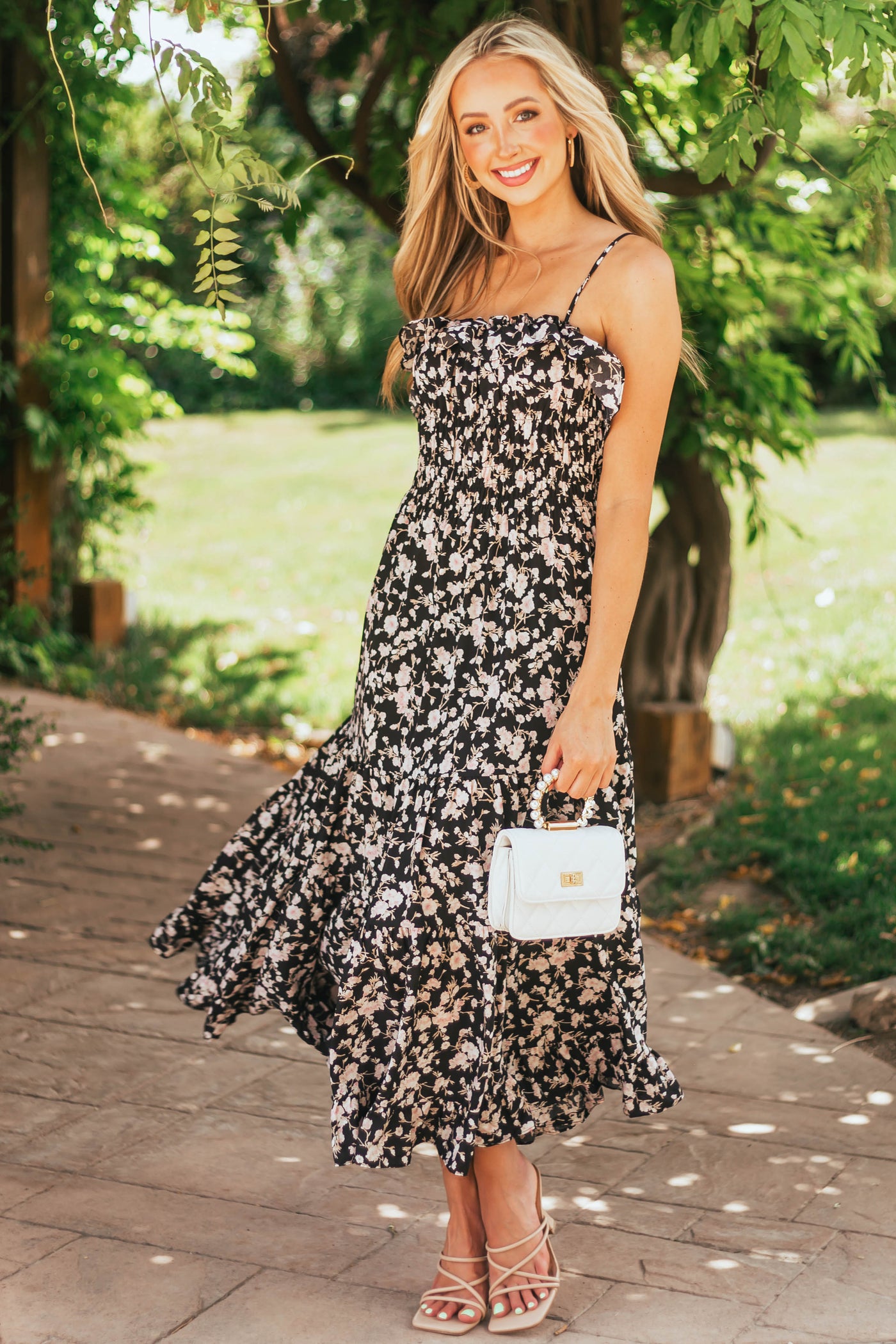 Black and Blush Floral Sleeveless Maxi Dress