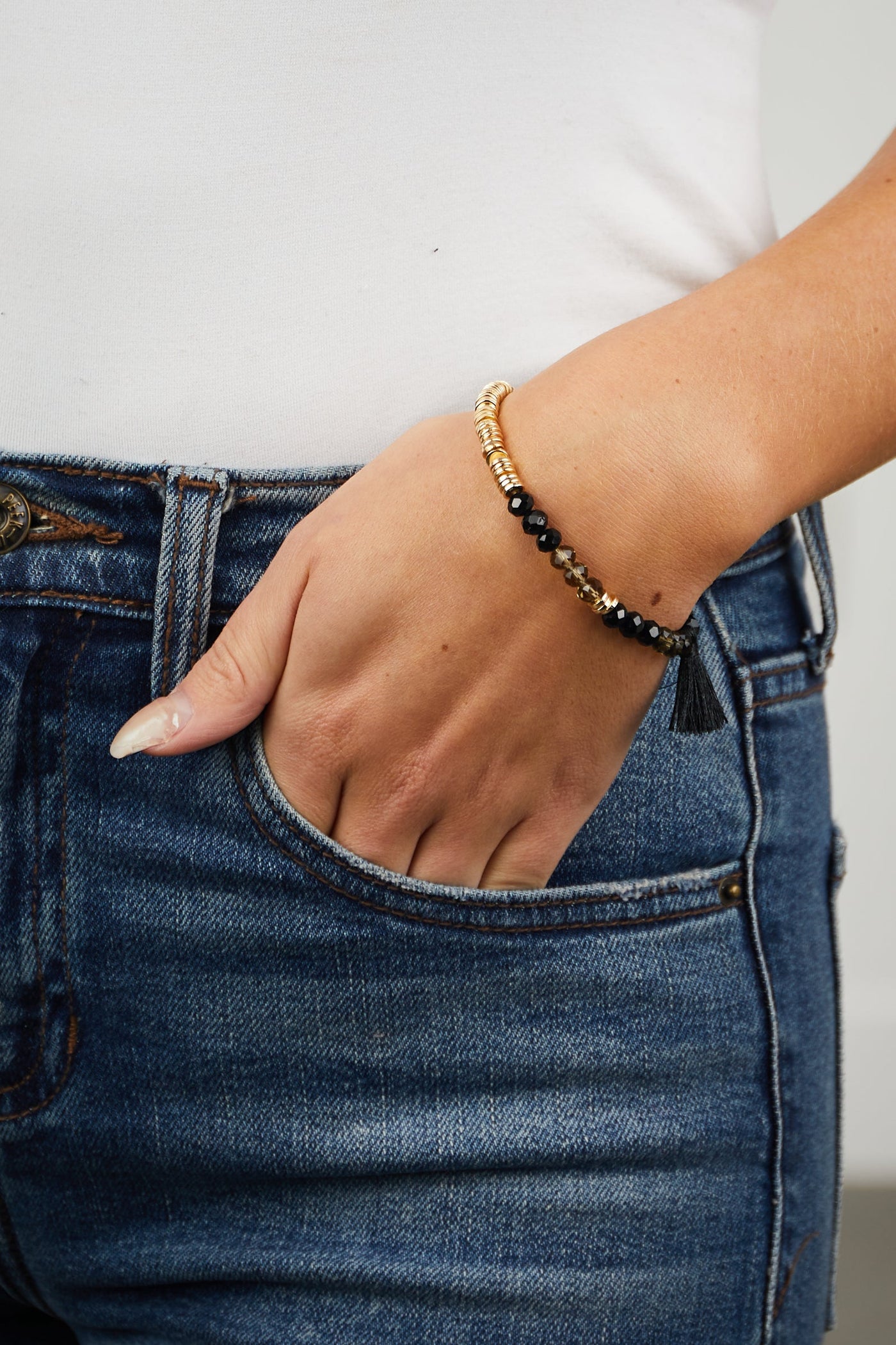 Black and Gold Beaded Stretchy Tassel Bracelet