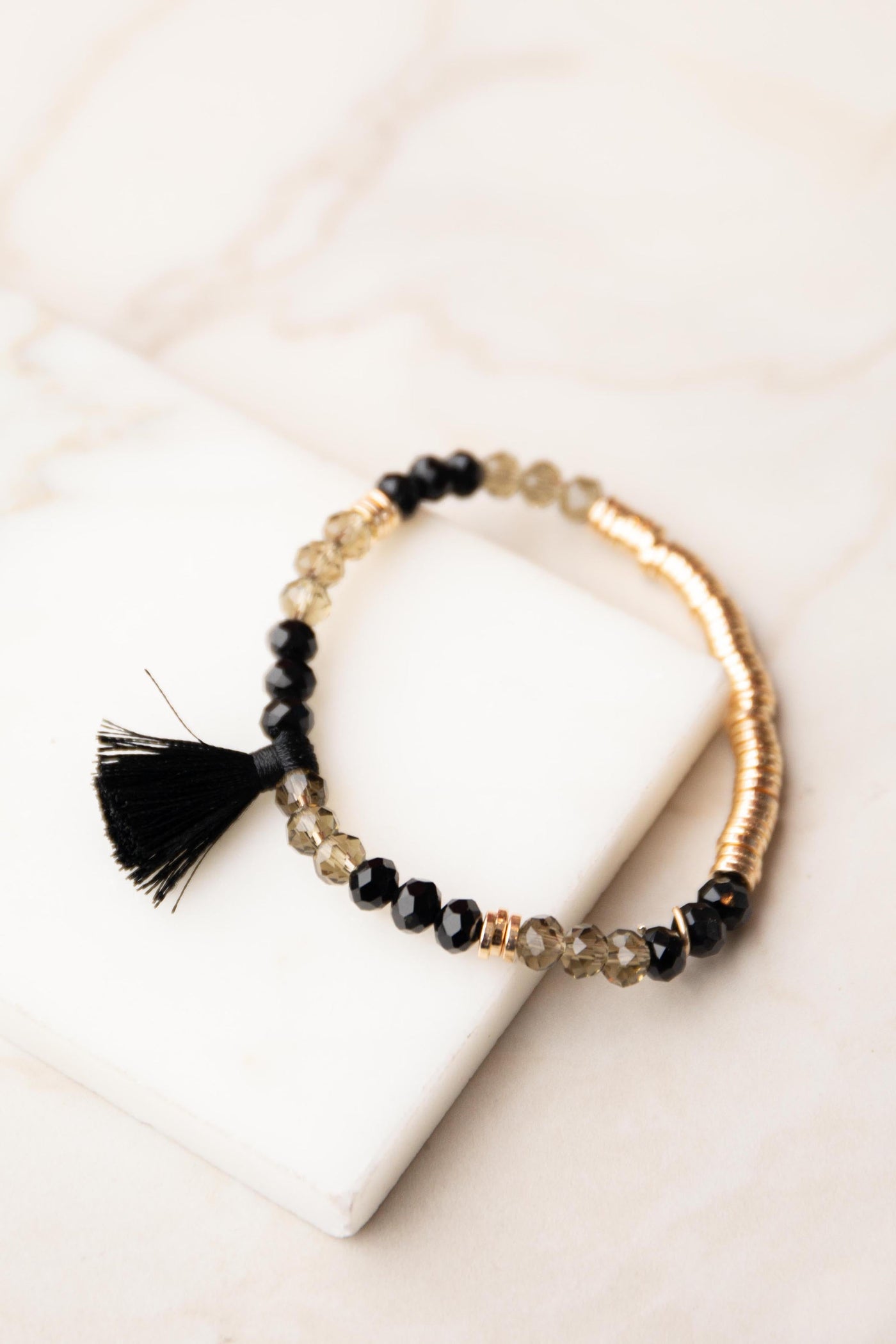 Black and Gold Beaded Stretchy Tassel Bracelet