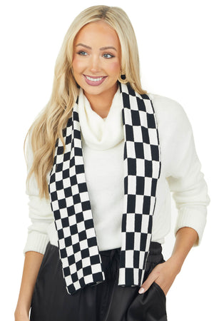 Black and Off White Checkered Print Knit Scarf
