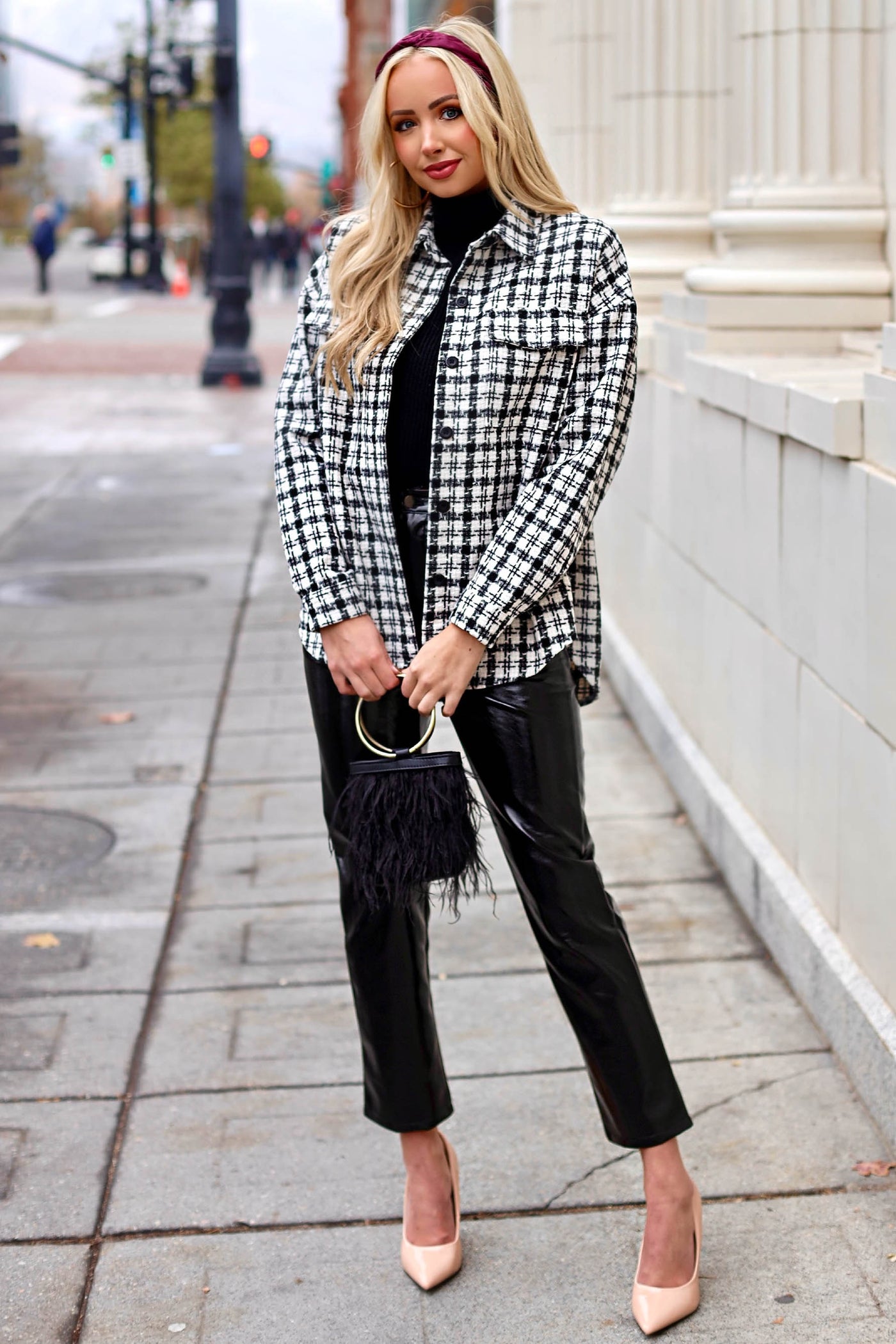 Black and Off White Plaid Oversized Shirt Jacket