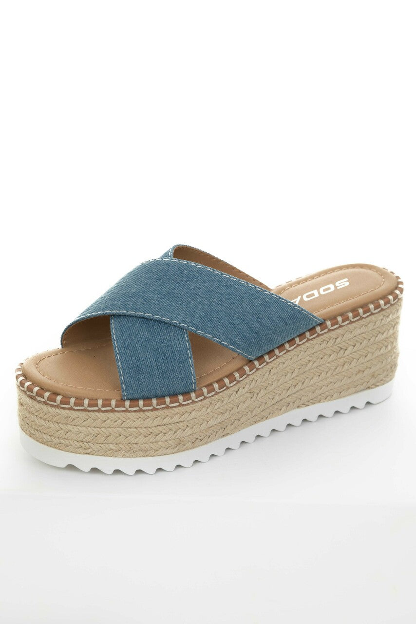 Blue Denim Strap Espadrille Platform Sandals