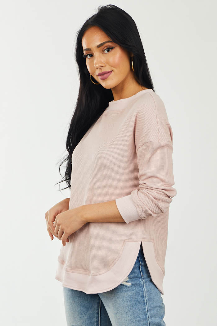 Blush Contrast Trim Curved Hem Waffle Knit Top