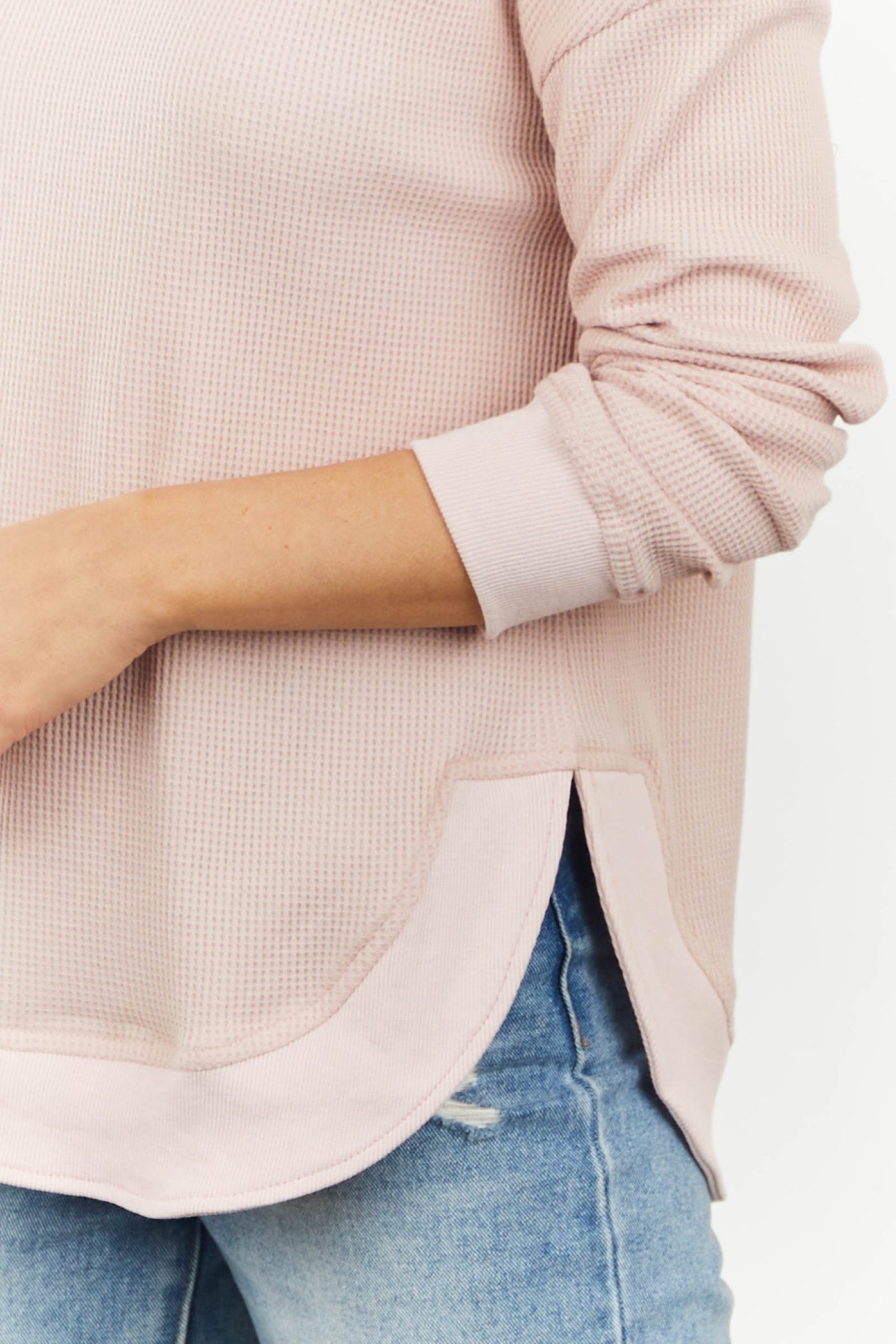 Blush Contrast Trim Curved Hem Waffle Knit Top