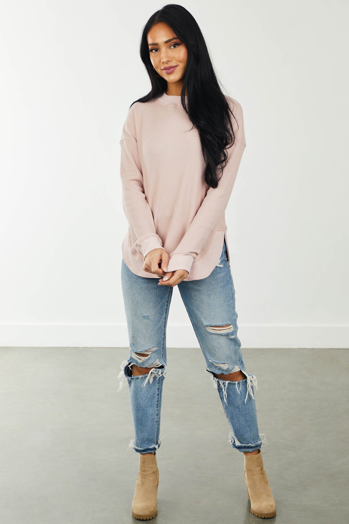 Blush Contrast Trim Curved Hem Waffle Knit Top