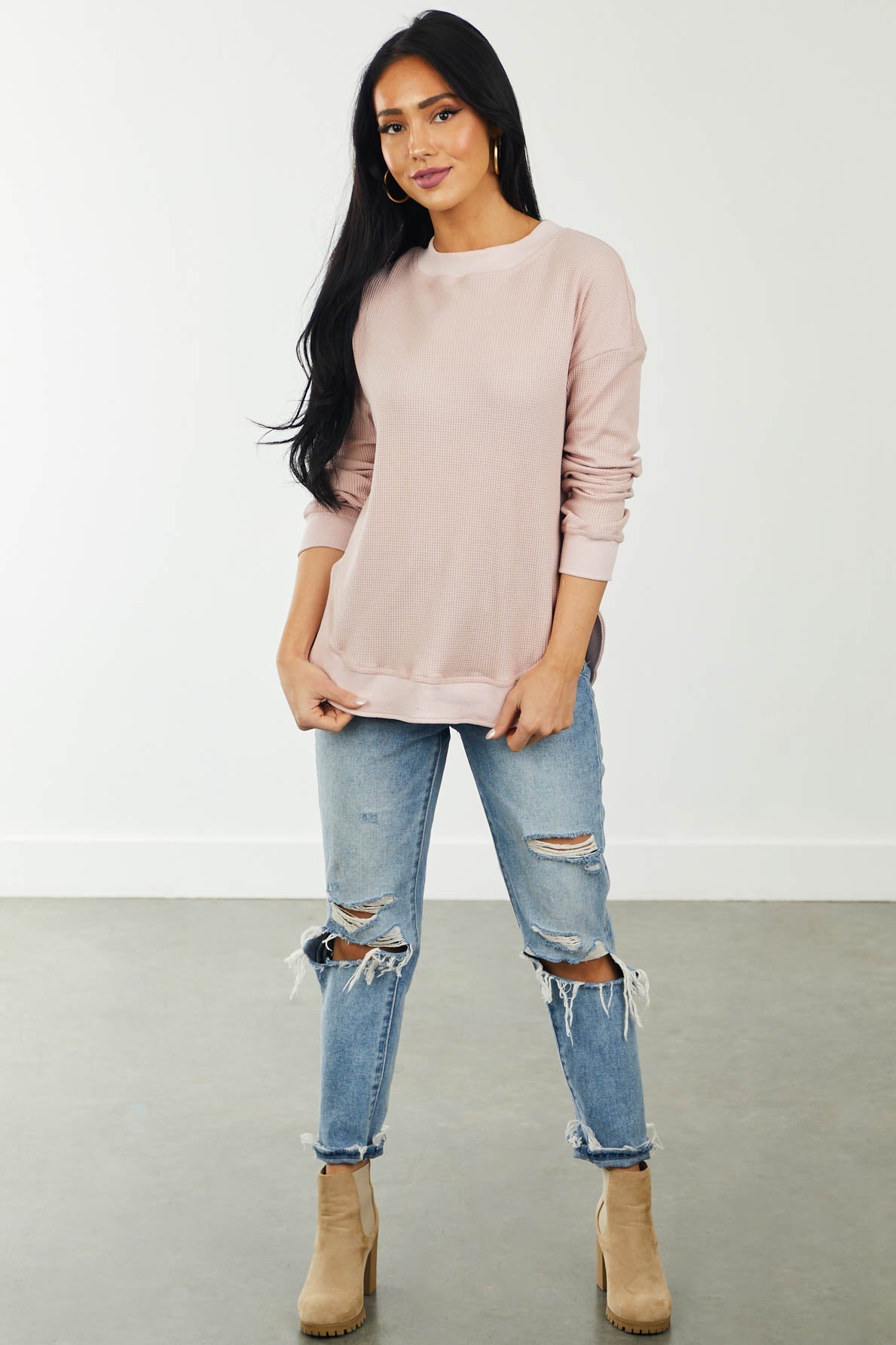 Blush Contrast Trim Curved Hem Waffle Knit Top