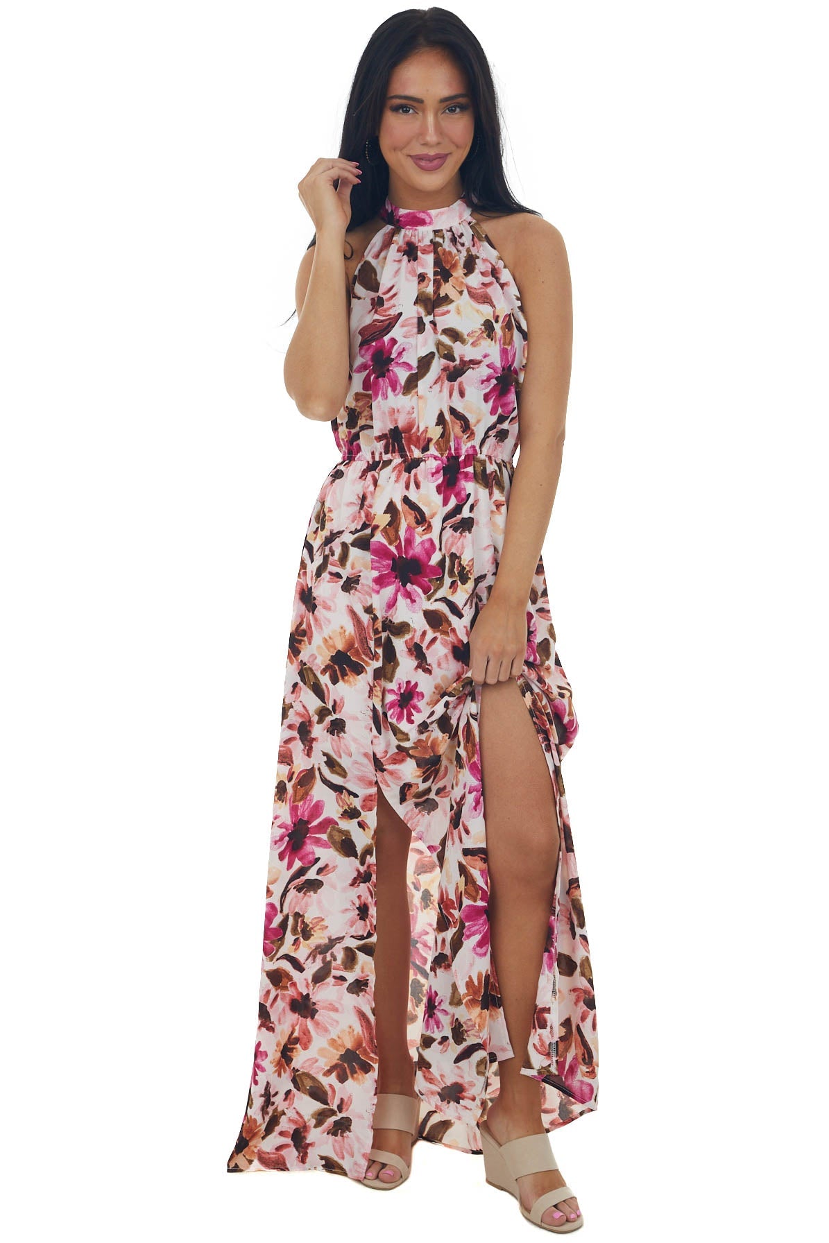 Blush Floral Print Halter Neck Maxi Dress