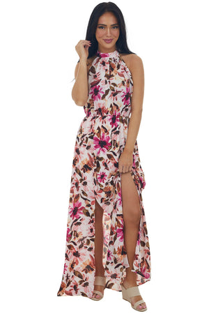 Blush Floral Print Halter Neck Maxi Dress