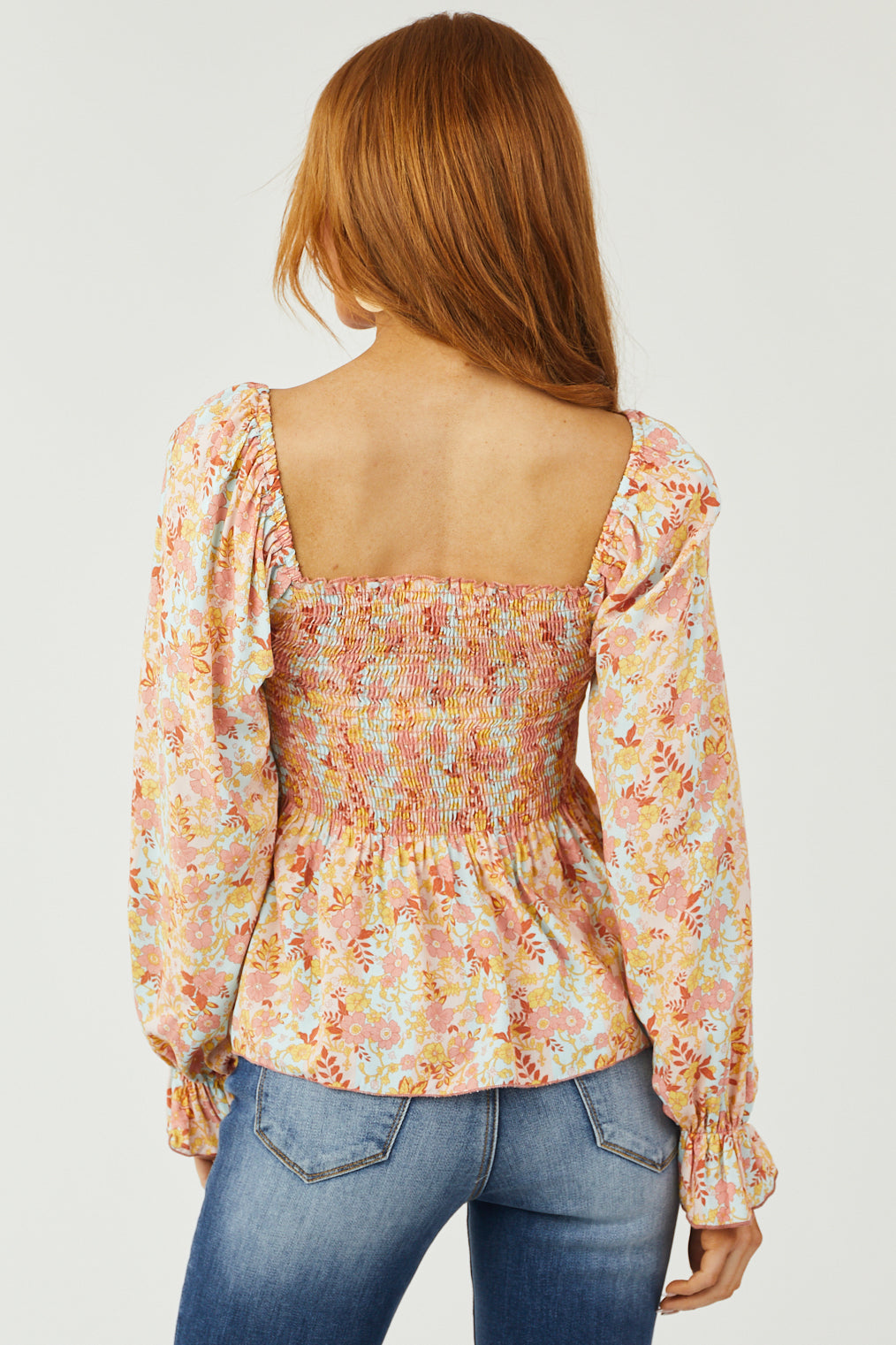 Blush Floral Print Long Sleeve Smocked Blouse