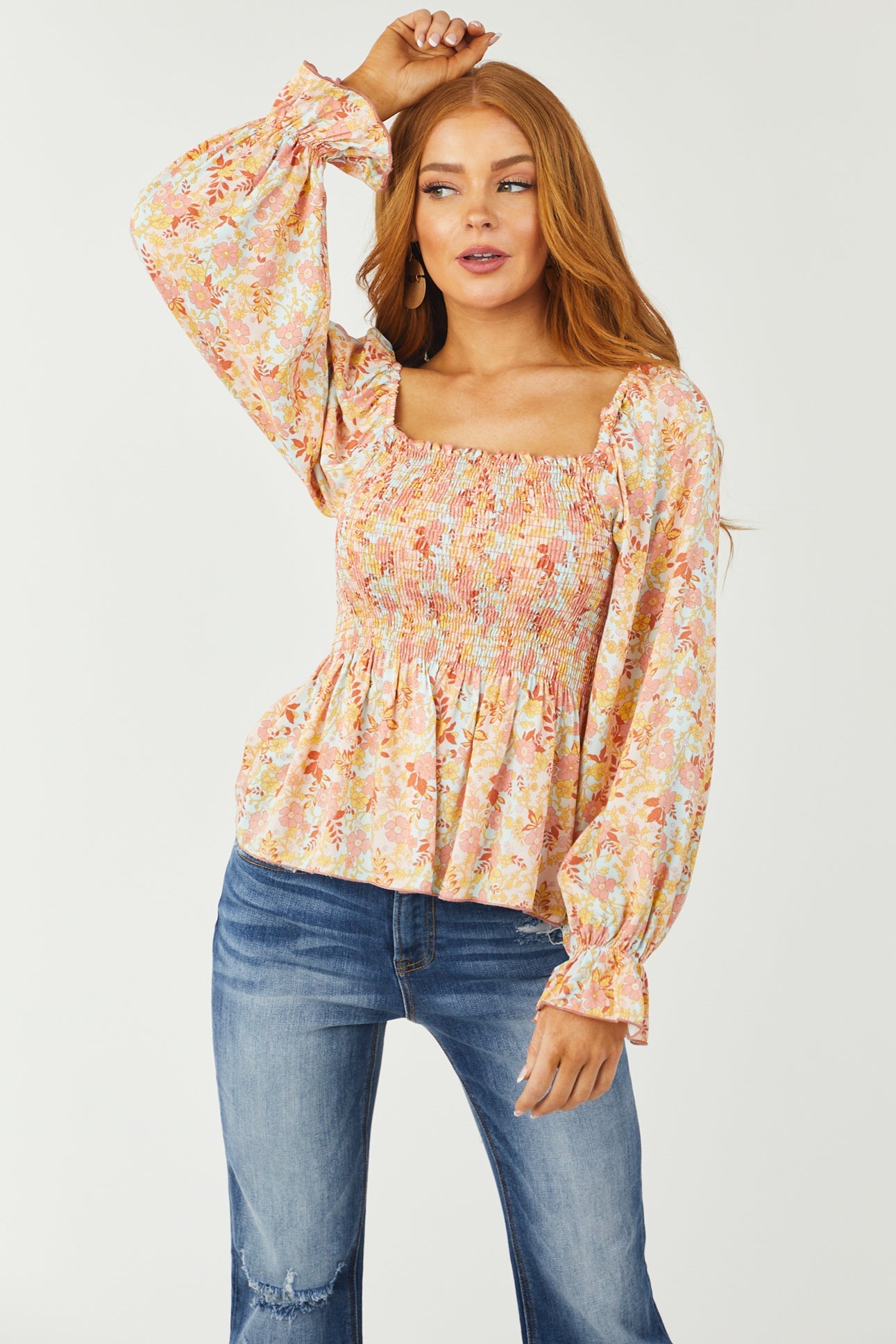 Blush Floral Print Long Sleeve Smocked Blouse