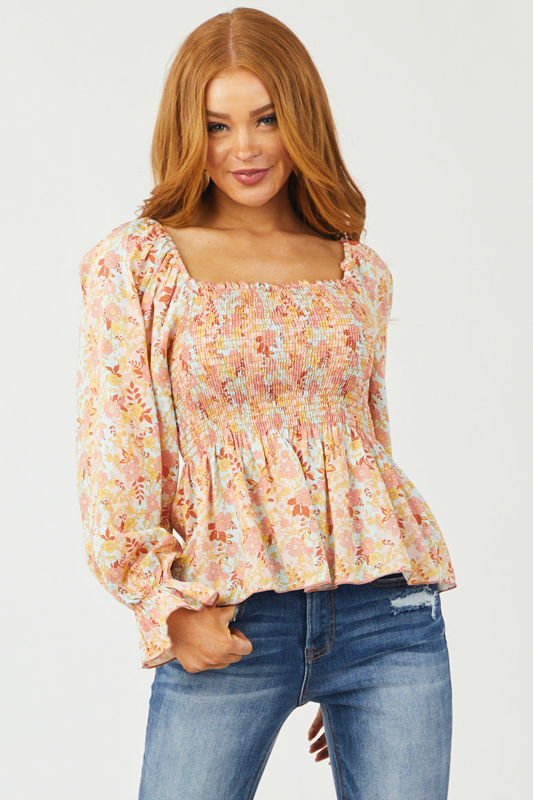 Blush Floral Print Long Sleeve Smocked Blouse