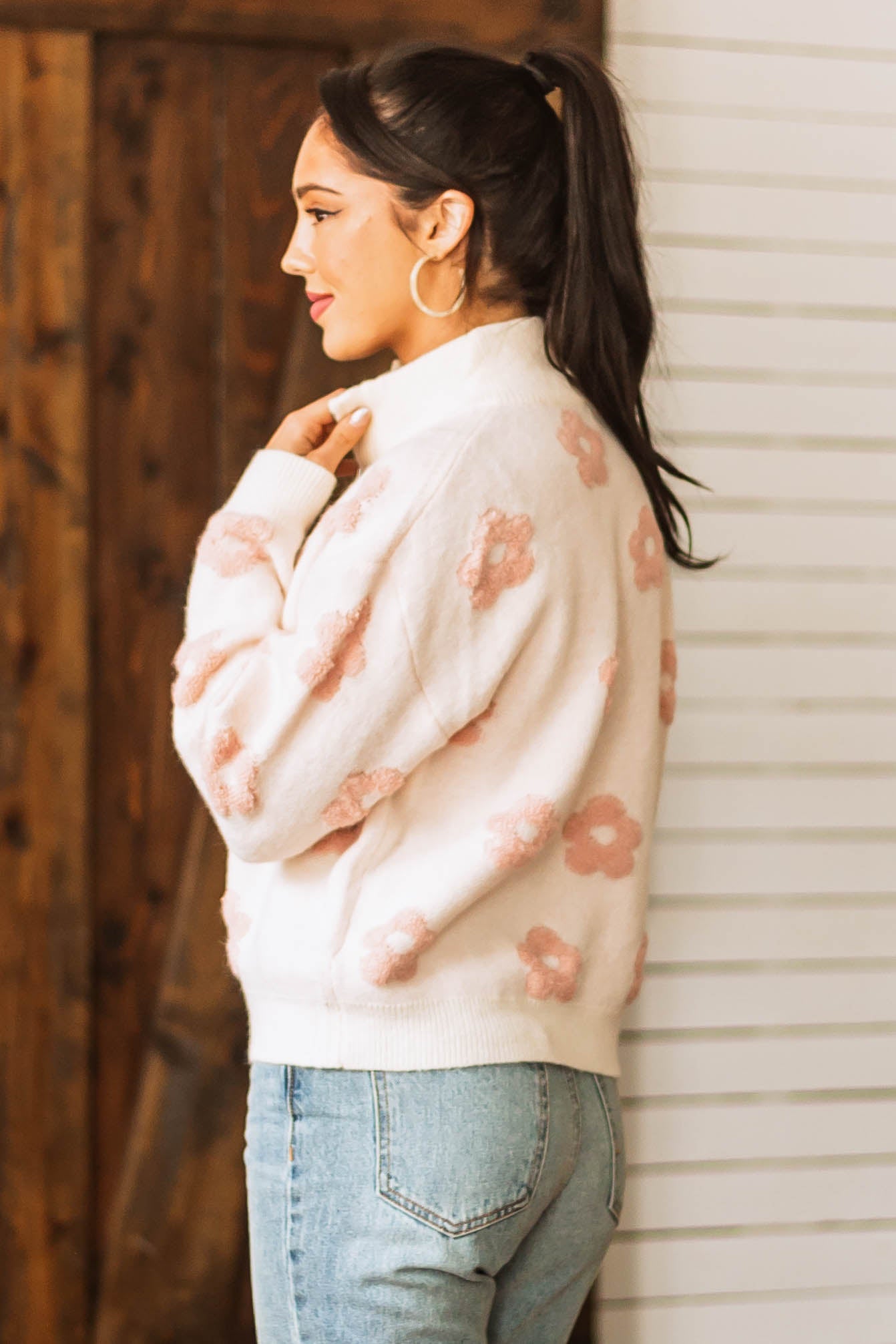 Blush Floral Print Zip Up Mock Neckline Sweater