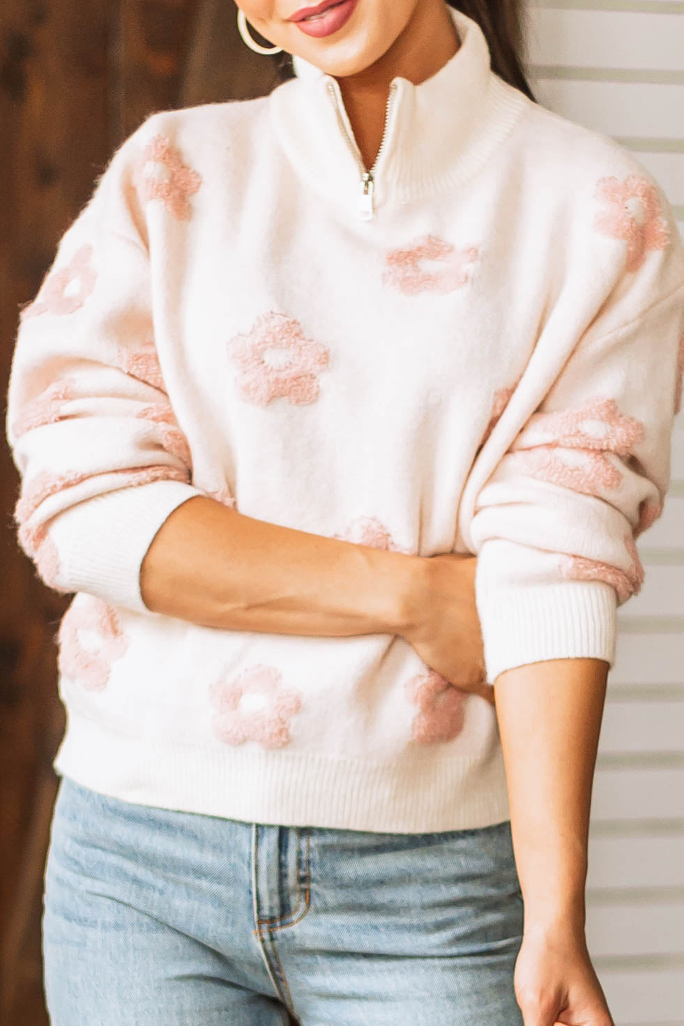 Blush Floral Print Zip Up Mock Neckline Sweater