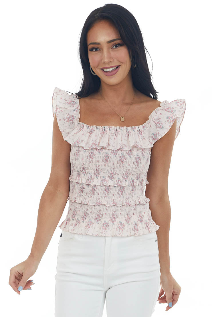 Blush Floral Smocked Ruffle Tiered Tank Top