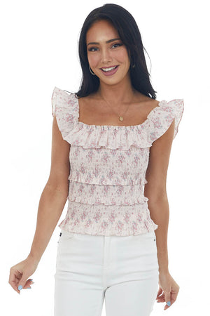 Blush Floral Smocked Ruffle Tiered Tank Top