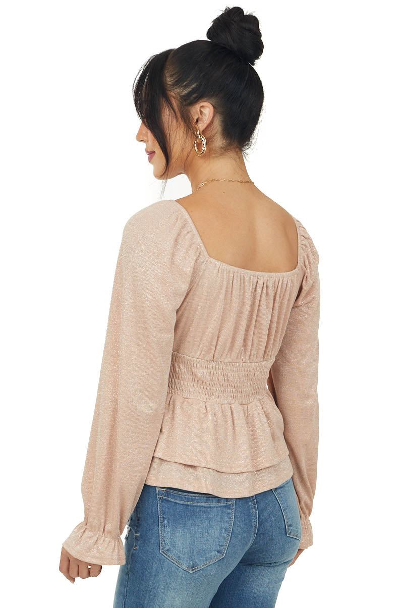 Blush Metallic Threaded Smocked Peplum Top