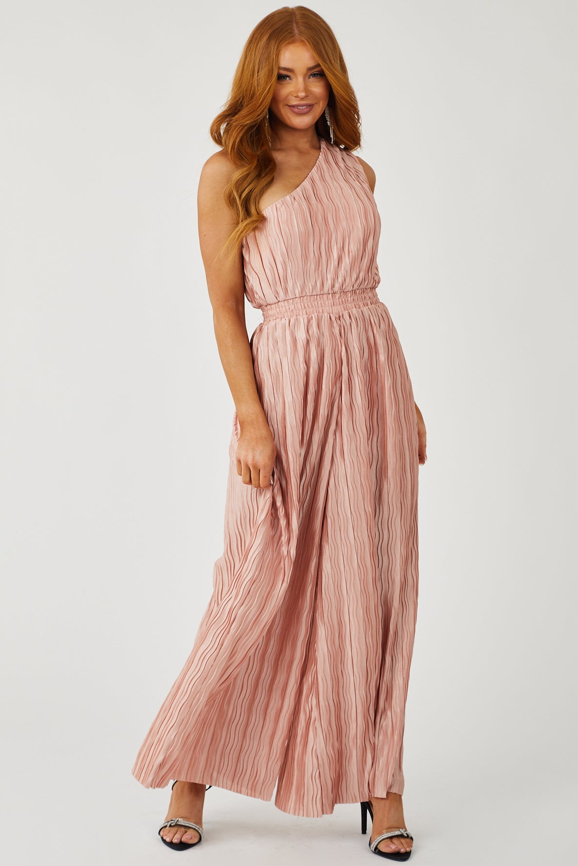 Blush One Shoulder Pleated Satin Jumpsuit